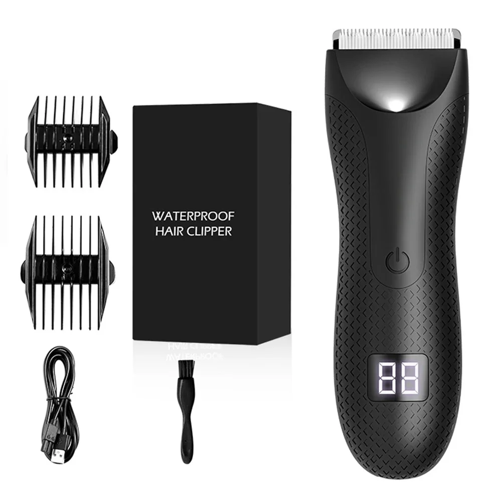 Body Hair Trimmer Rechargeable Groin Hair Trimmer Ceramic Blade Electric Shaver with 2 Guide Comb Body Groomer for Men