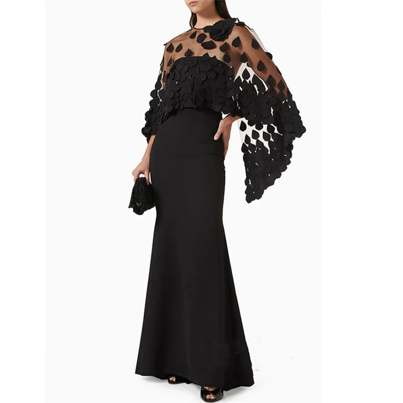 

Saudi Arabian Evening Dress with Cape Customized Strapless Sleeveless Beading Floral Petals Long Prom Gown Party Dresses