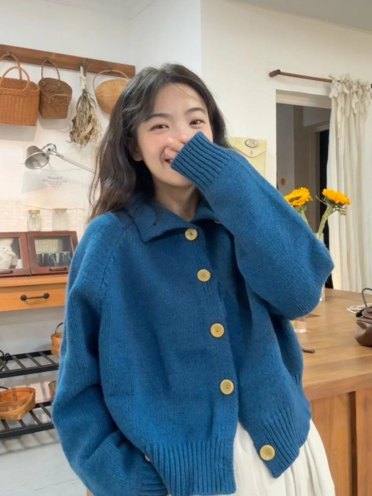 

Peacock Blue Collar Shoulder Length Knitted Sweater Outerwear for Women plus Size Loose Fit Winter Season Color