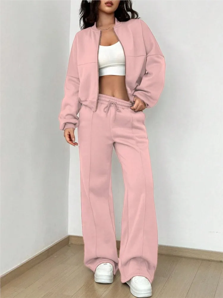 Fashion Long-sleeved Cardigan Zipper Top + Wide-leg Pants 2-piece Set Women Autumn Elegant Solid Color Elastic Female Suit Y2K