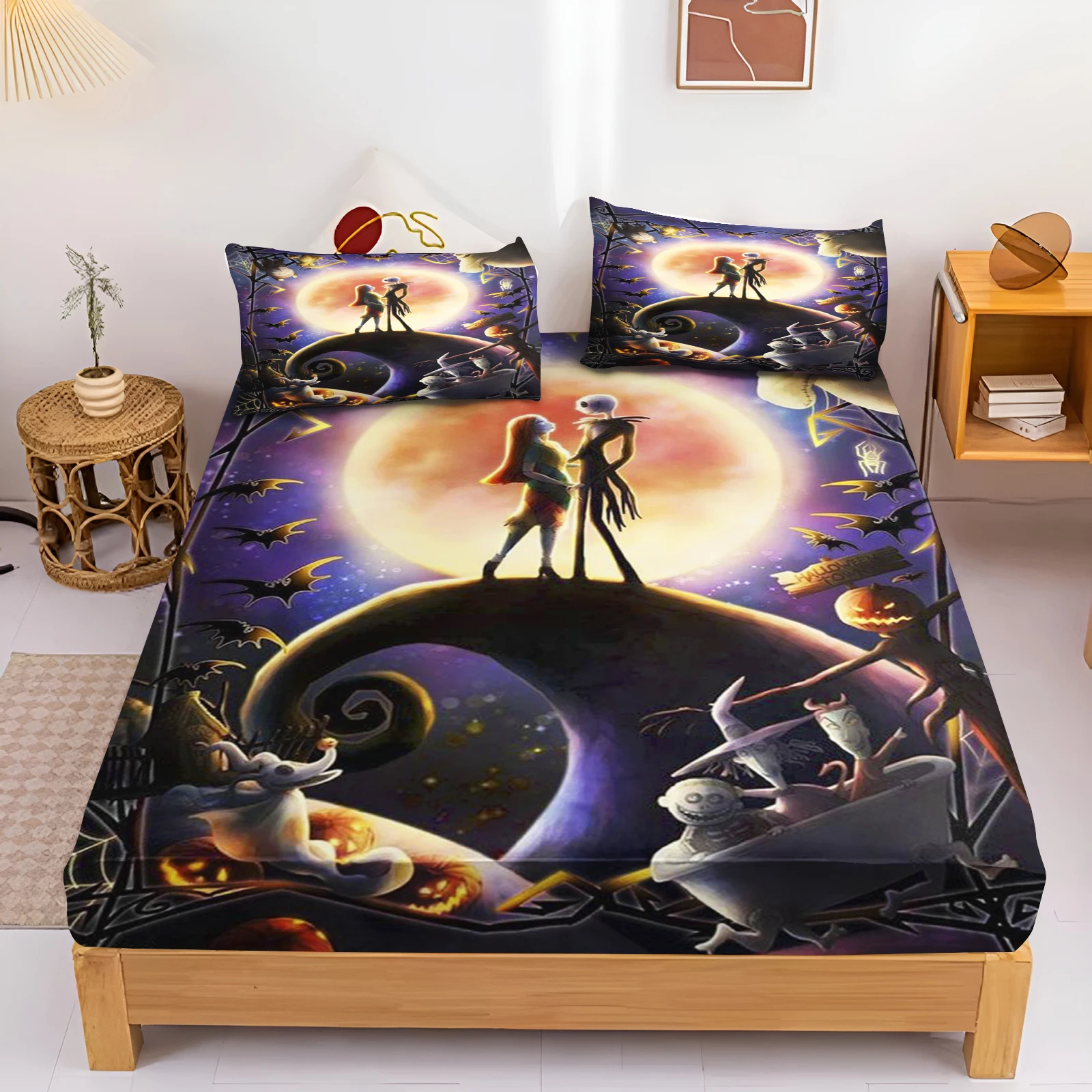 

Облегающие простыни «Кошмар перед Рождеством», детский комплект с героями мультфильмов аниме, чехлы королевского размера, полиэстер с принтом