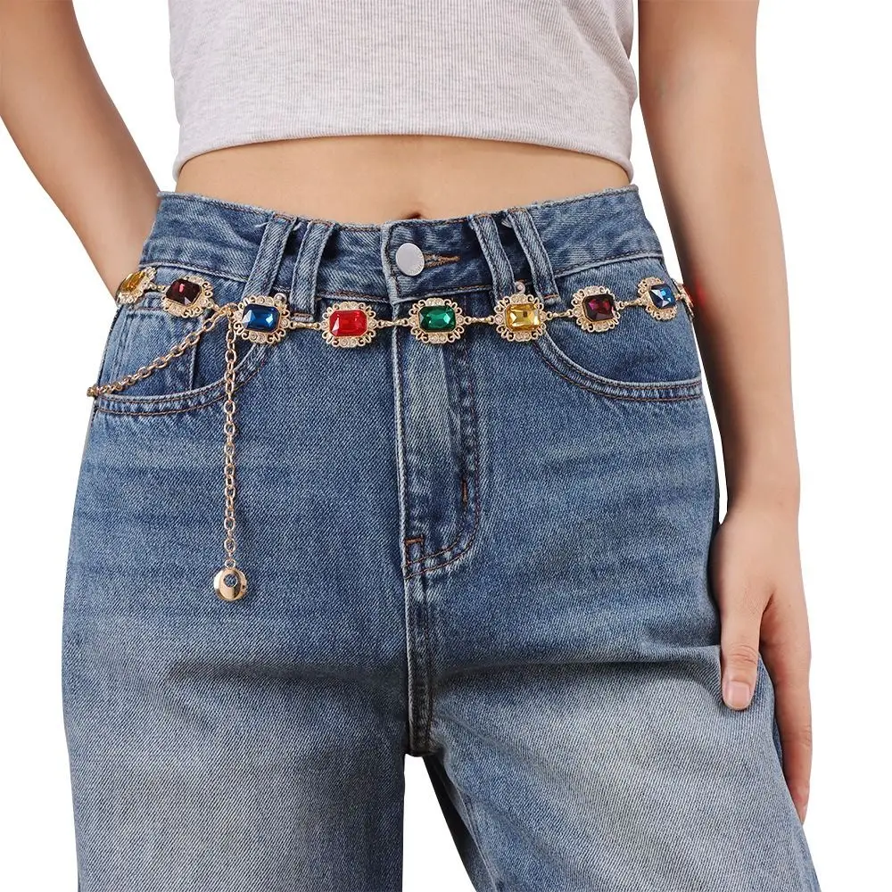 

Retro Metal Colorful Crystal Waist Chain Silver Gold Rhinestone Belly Belts Chain Alloy Y2K Waistband Decorative Jeans