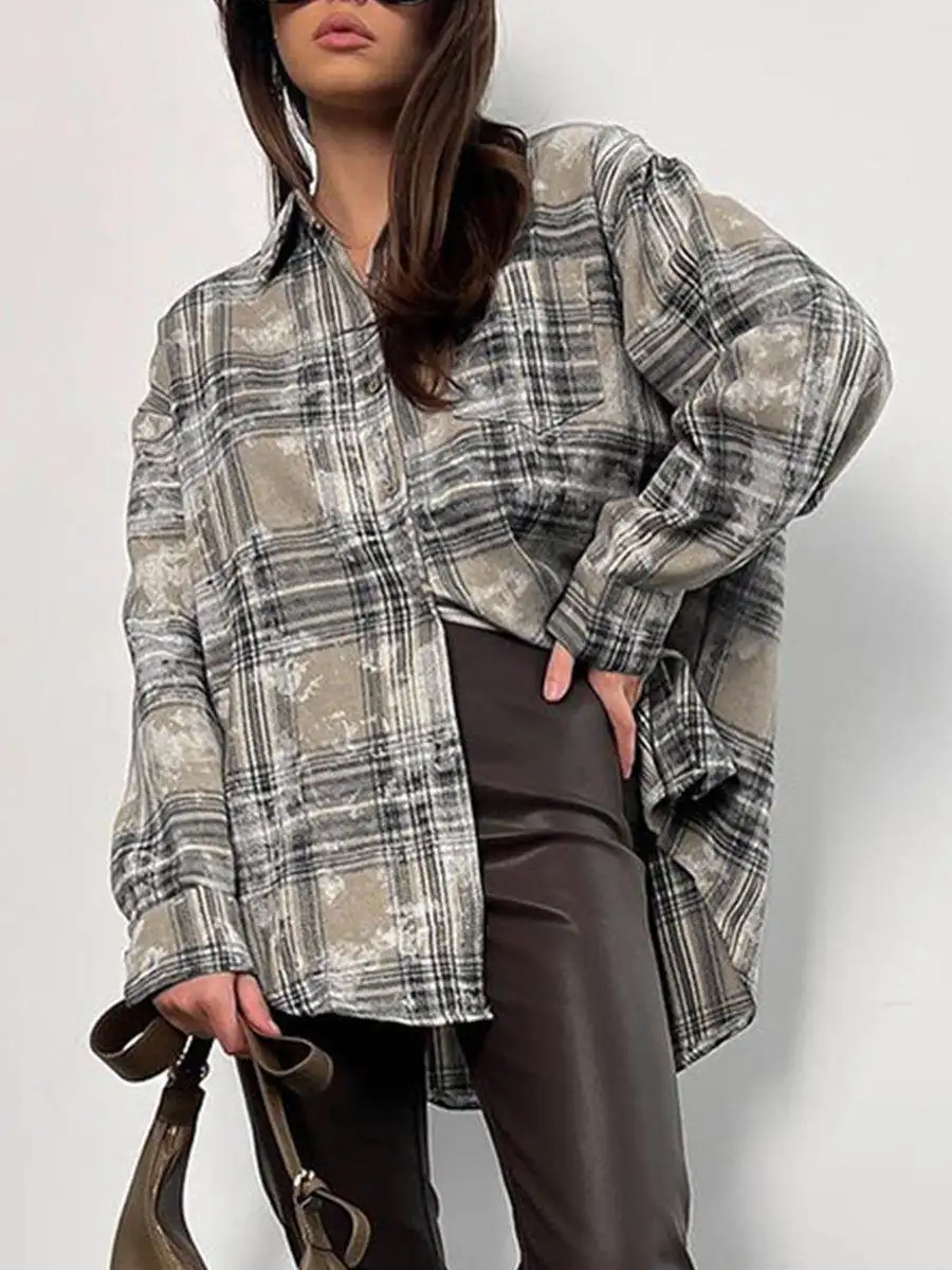 

American Retro Loose Distred Brued Plaid Women's irt Long Sve Flip Collar Mid-Length Faion Ladies' irt
