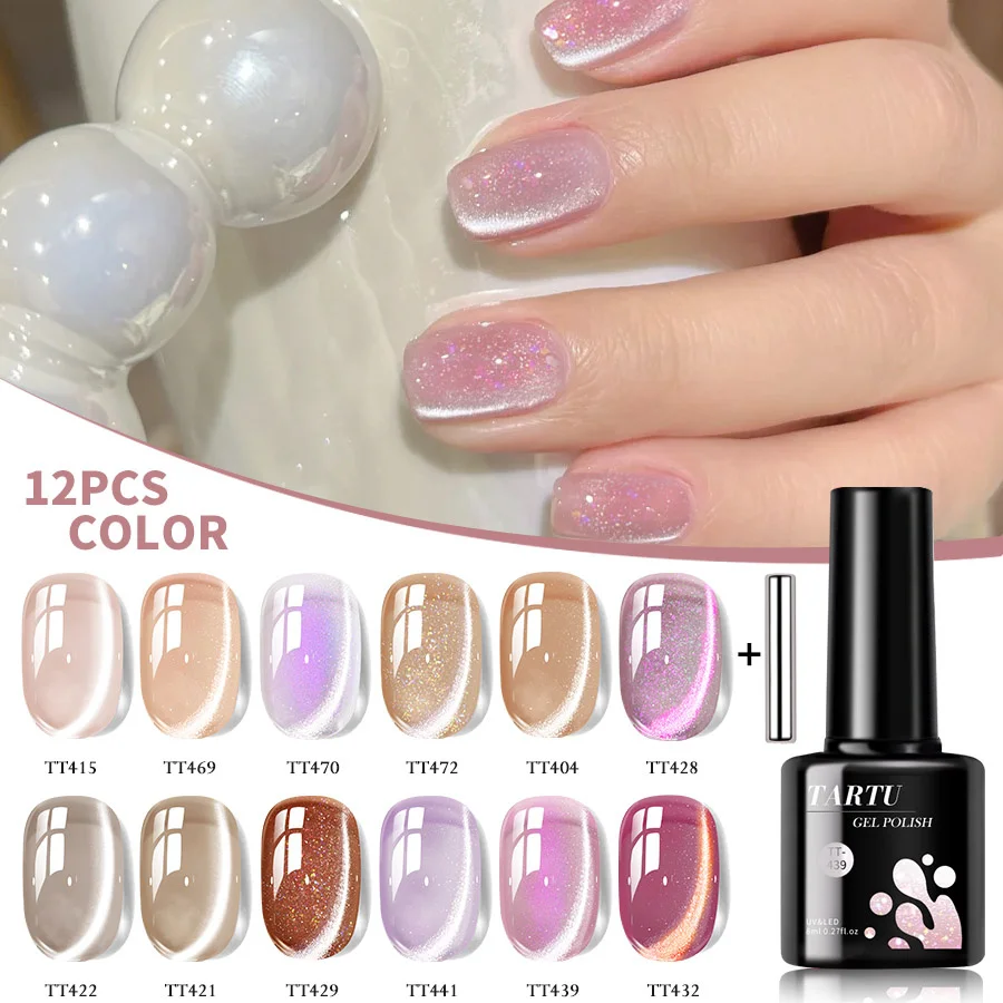 TARTU 12pcs 8ml Cat Eye Nude Pink Red Blue Green Brown Black Nail Gel Set, 12 Colors Semi-permanent Gel Polish Kit,top coat