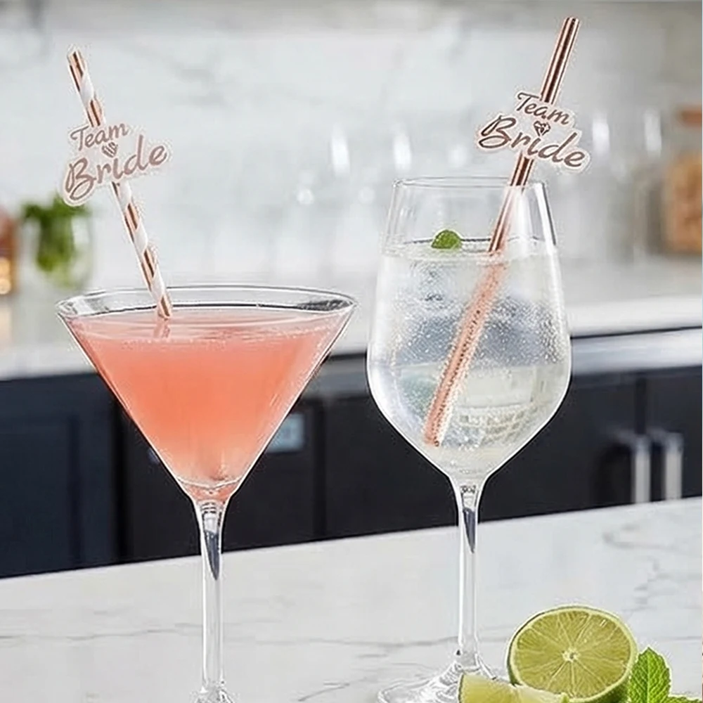10Pcs Party Straws Team Bride Rose Gold Foil Paper Drinking Straws Bridal Shower Wedding Hen Party Accessories