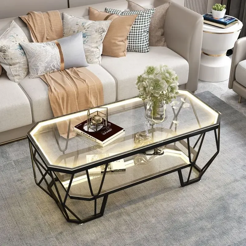 Modern minimalist small unit Nordic light luxury tempered glass coffee table rectangular creative iron tea table household livin