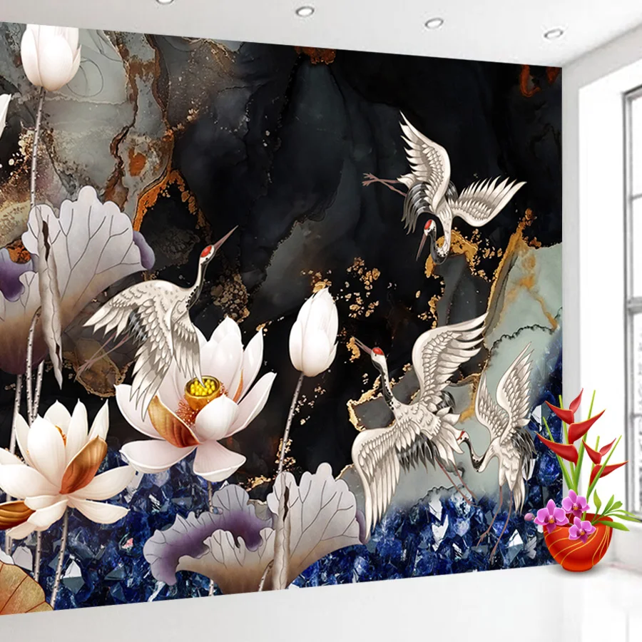 

Custom Removable Self Adhesive Optional Marble Water Lily Wall Papers Home Decor Covering Wallpapers for Living Room Mural Rolls