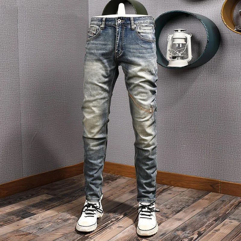 

Street Fashion Men Jeans Retro Washed Blue Stretch Slim Fit Embroidery Patched Ripped Jeans Men Vintage Designer Denim Pants