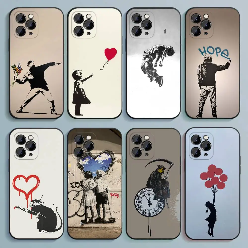 G-Graffiti Artist B-Banksy coque de téléphone pour iPhone 17,16,15,14,13,12,Pro,Max,Plus,E,SE4,Air,Mini couverture souple noire