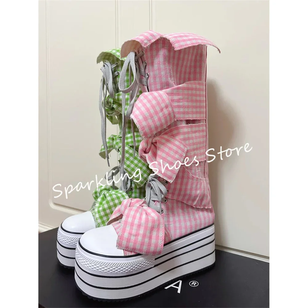 

Y2K Chunky Bottom Big Head Women Canvas Shoes Mixed Color Butterfly Knot Decor High Top Lace-Up Sneakers Ladies Long Boots