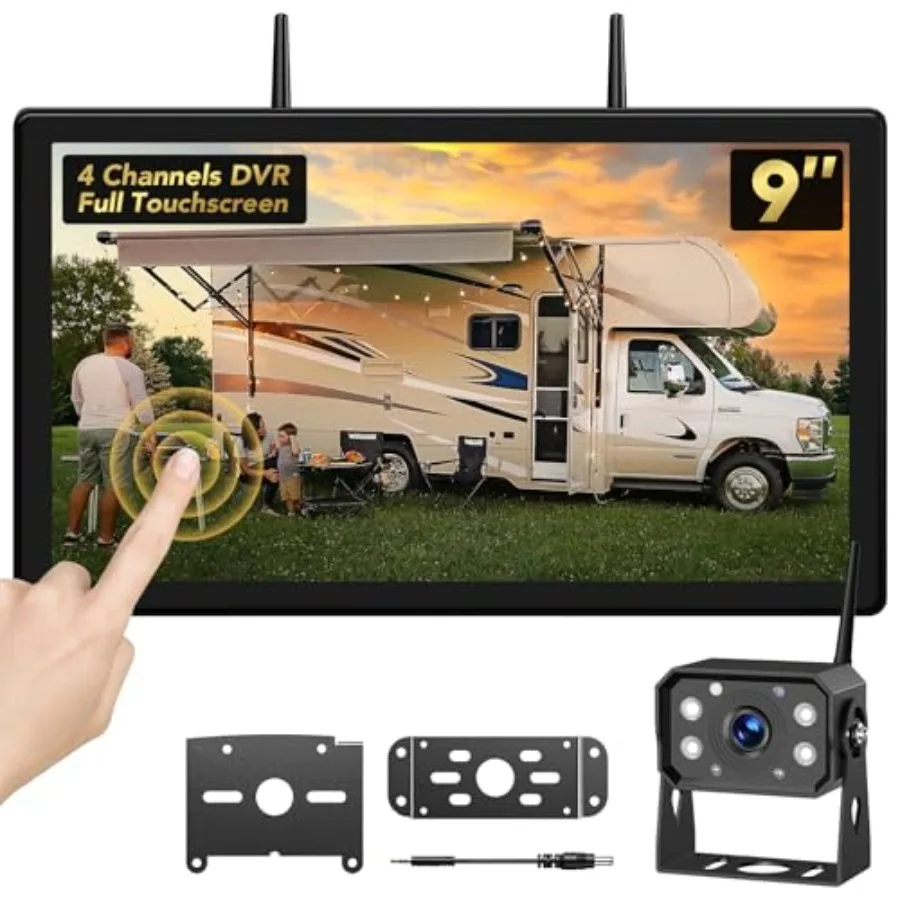 

RV backup camera system with wireless 9-inch touchscreen, IP69-rated wide-angle lens, IR night vision, 4-channel split-screen r