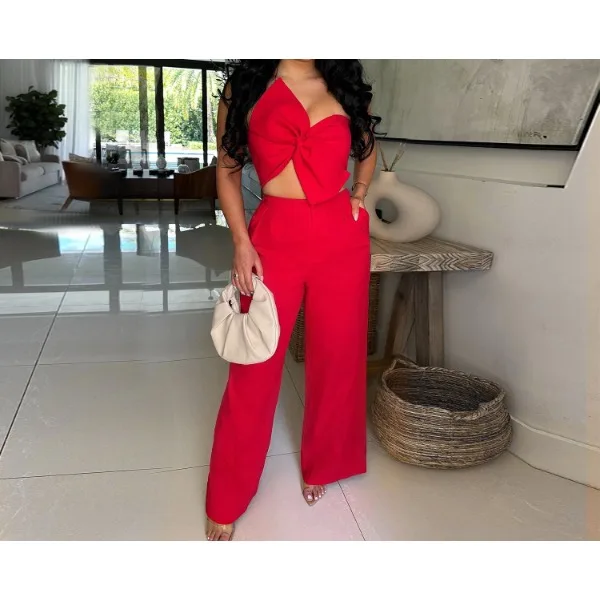 

2 Piece Sets Women Summer 2025 Fashion Solid Sexy V Neck Spaghetti Strap Sleeveless Short Tops + High Waist Wide Leg Pants Suit