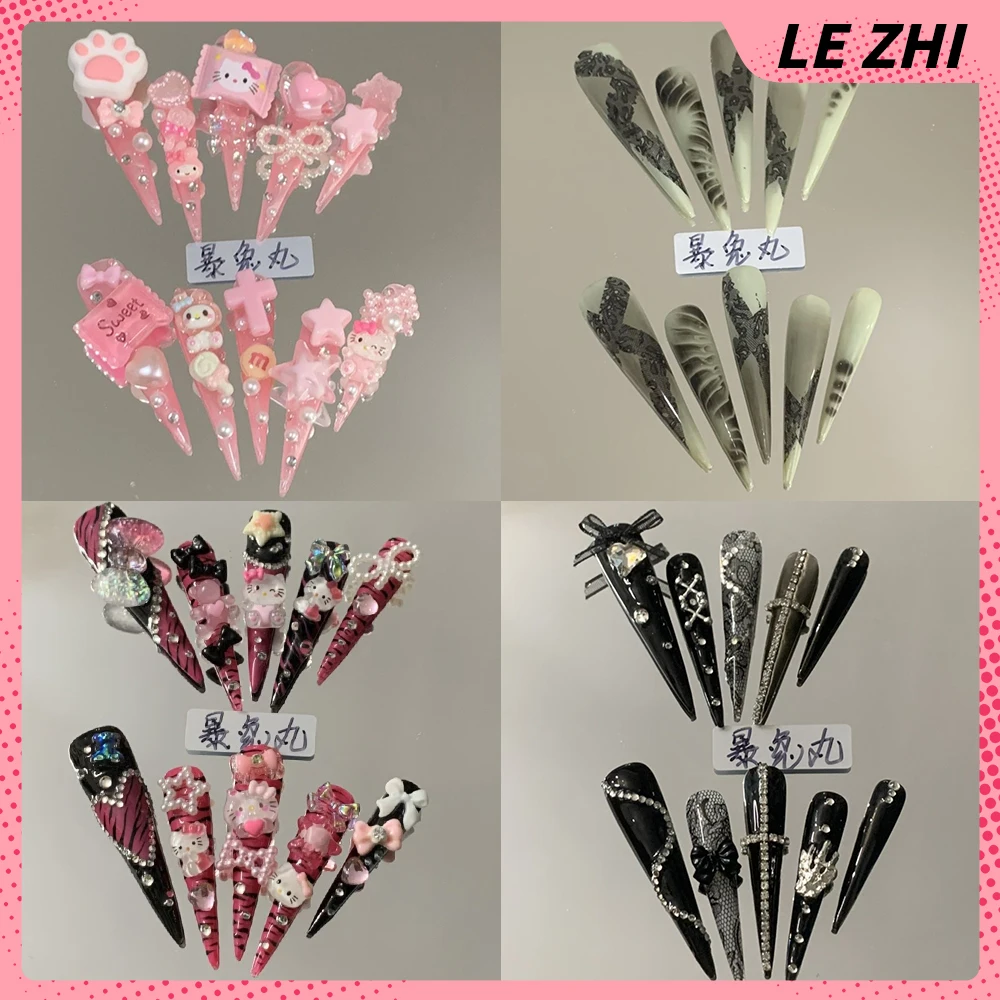 

Spicy Girl Long Tip Coffin Handmade Fake Nails Sparkle Rhinestone Pearl Bowknot Metal Chain Flowers Reusable Nails Party Sticker