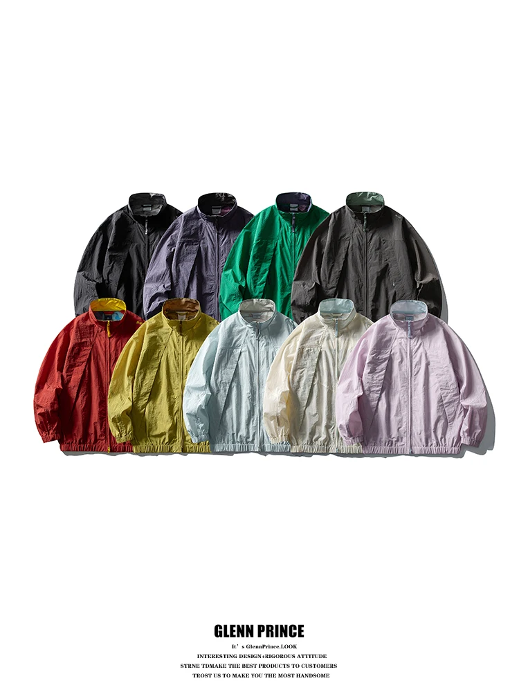 

GPstudio American Retro UPF50 Color Block Stand Collar Men's Outdoor Fashion Sportswear Nylon Long Sleeve Zipper Closure Shor...