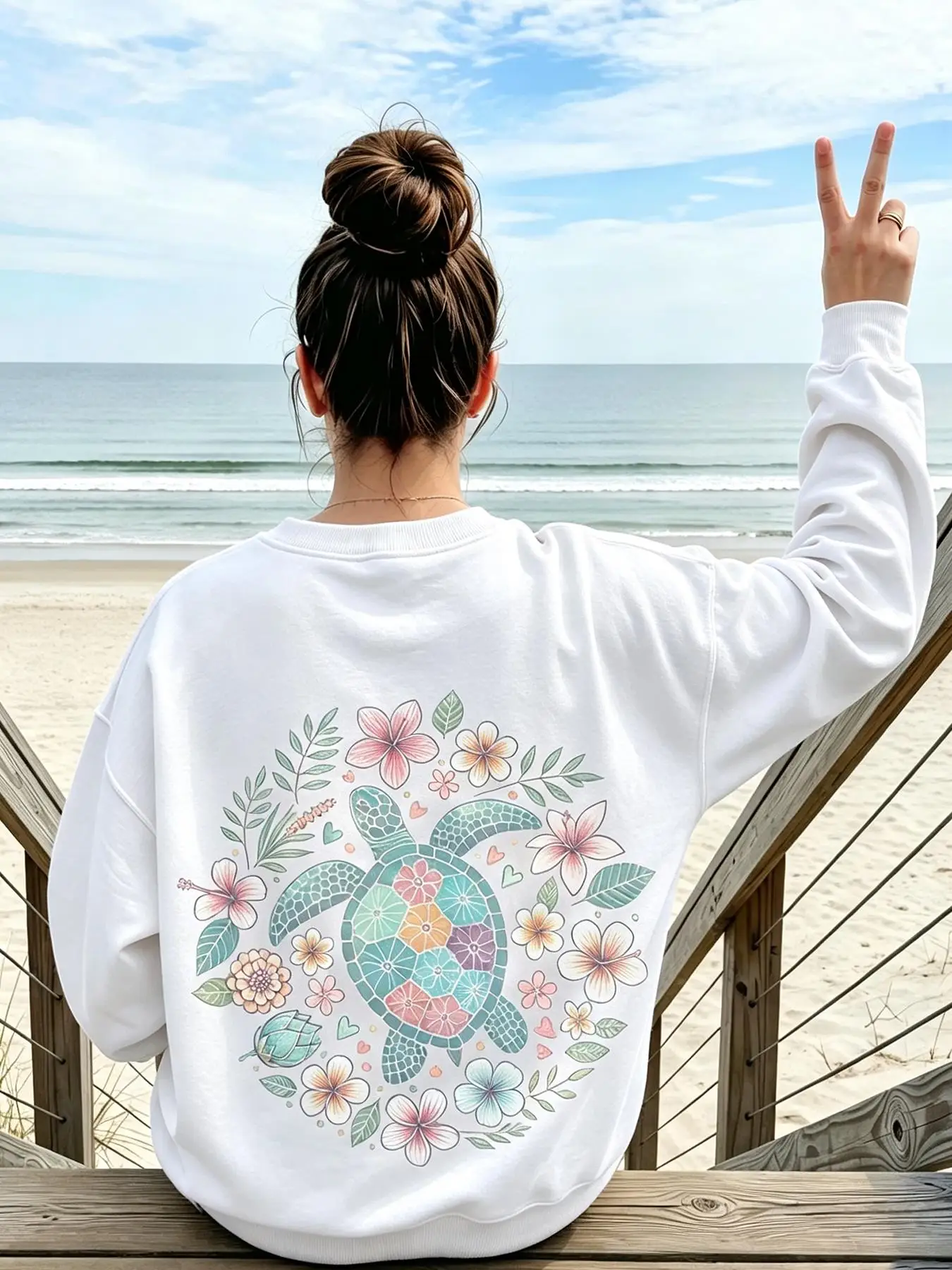 Tropical Turtle Flower Leaves Prints Hoodies Womens Basics Loose Sweatshirts Jogging Fleece Warm Tops Winter Crewneck Clothes