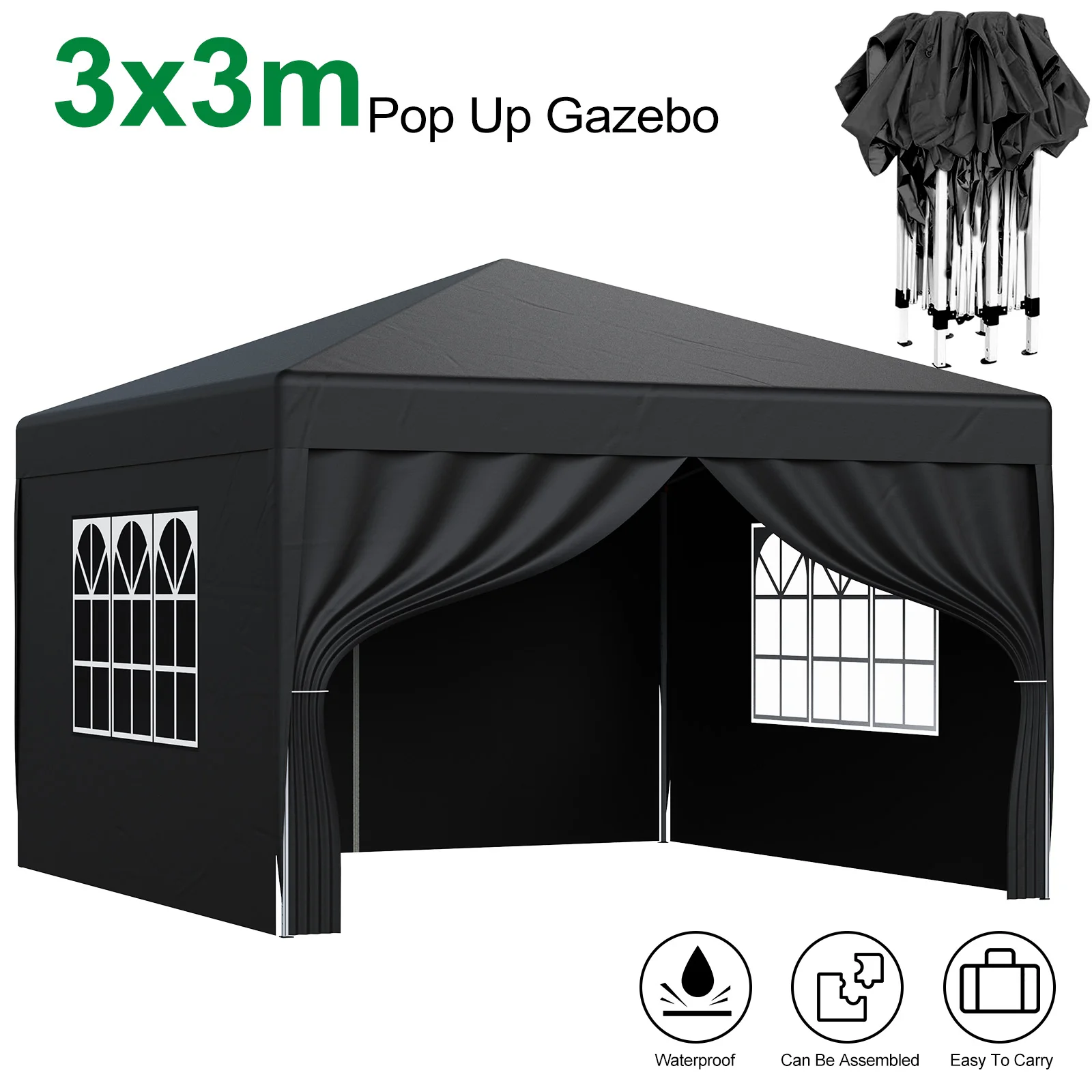 LOEFME Pop-up Gazebo 3x3m Buitentent Partytent met Ramen Waterdicht UV-zonbescherming Draagbare Gazebo Tent