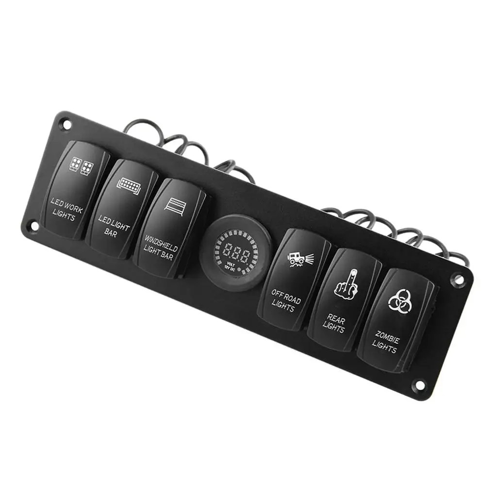 Rocker Switch Panel 6 Gang LED Voltmeter High Low Temp Resistant for 12V 24V Car Marine Yacht