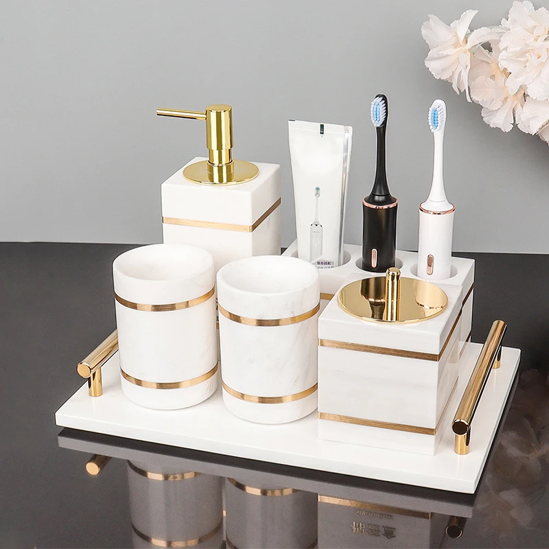 Volakos White Natural Marble Bathroom Accessories Golden Luxury Soap Dish Soap Dispenser Toothbrush Holder Tray Bathroom Set