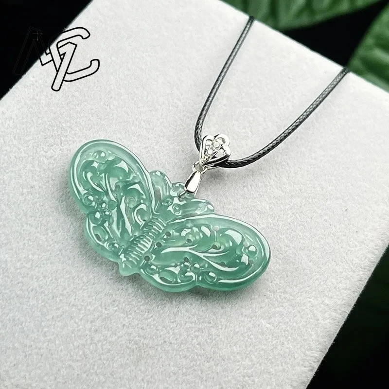 الطبيعية S925 الفضة مطعمة الجاديت عقد بحلية متدلية على شكل فراشة الجليد أسفل المياه الزرقاء جوفاء التدريجي المرأة قلادة موضة مجوهرات رائعة