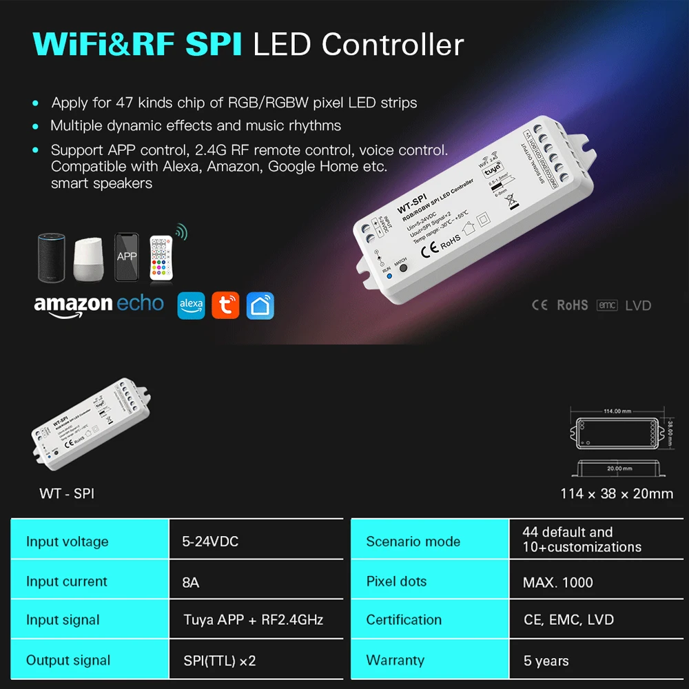 SPI WiFi Led Controller DC5V-24V RGB RGBW Addressable Led Strip Tuya Smart Life APP Remote fr WS2812B WS2811 WS2814 SK6812 Light