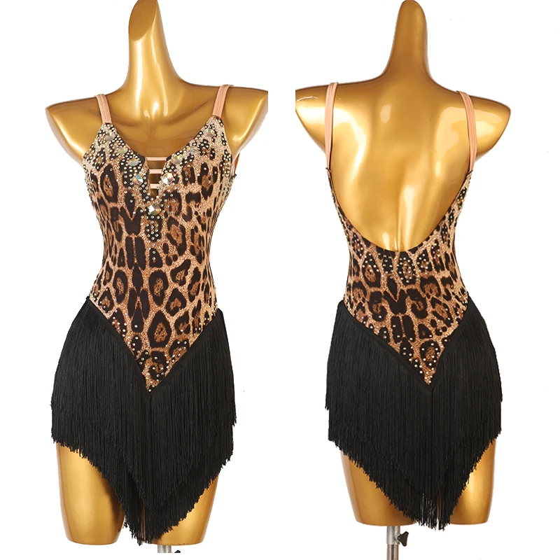 

2023 New Latin Dance Performance Dress For Women Sexy Backless Leopard With Diamond Samba Tango Latin Dance Costumes DQL8635