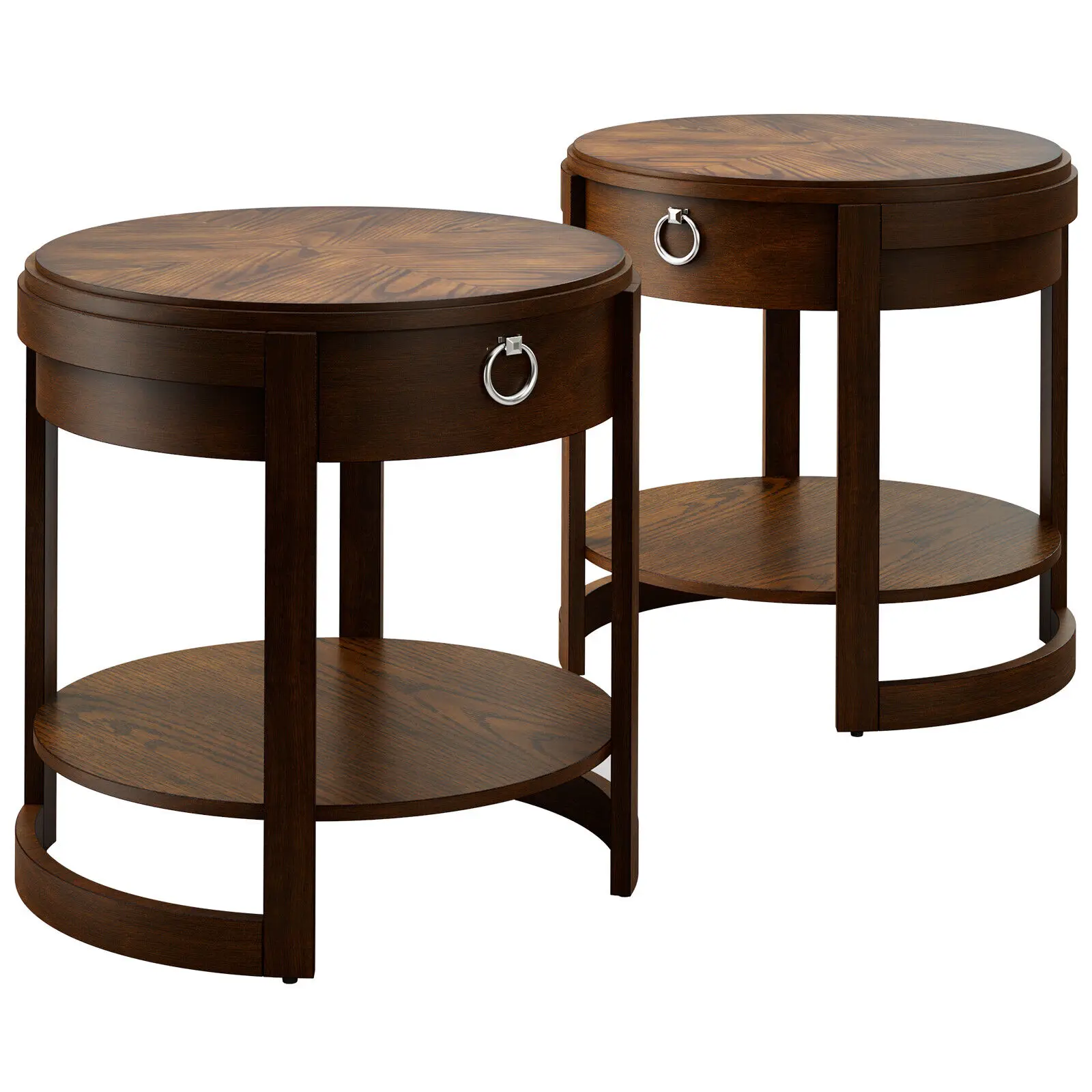 Costway 2PCS Round Side End Table with Drawer Shelf Classic Accents Nightstand Walnut