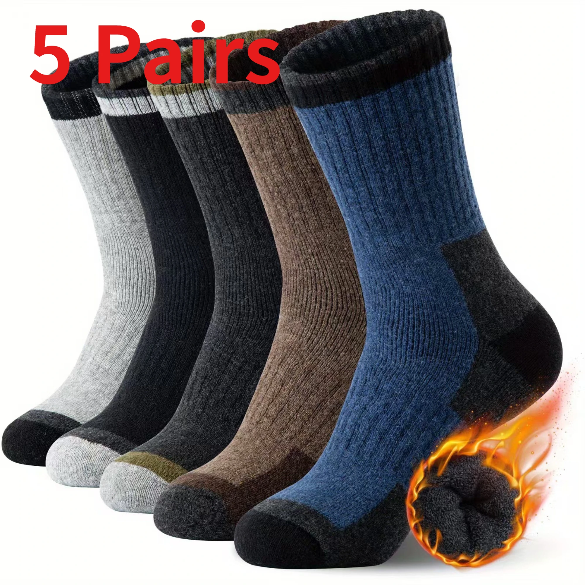 1/5 Pairs Men's Plus Size Winter Socks Lined Thermal Socks Color Block High Tube Long Warm Crew Socks For Cold Weather