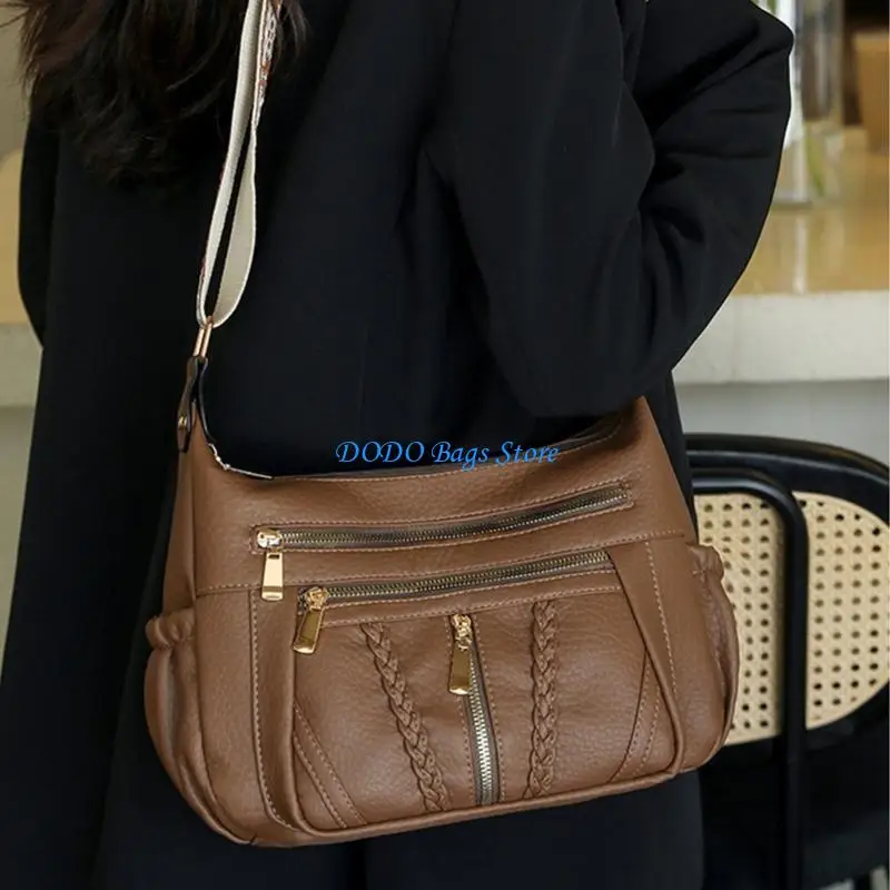 

E8FB Fashionable PU Leather Shoulder Bag Zippered Multi Pockets Satchel for Women