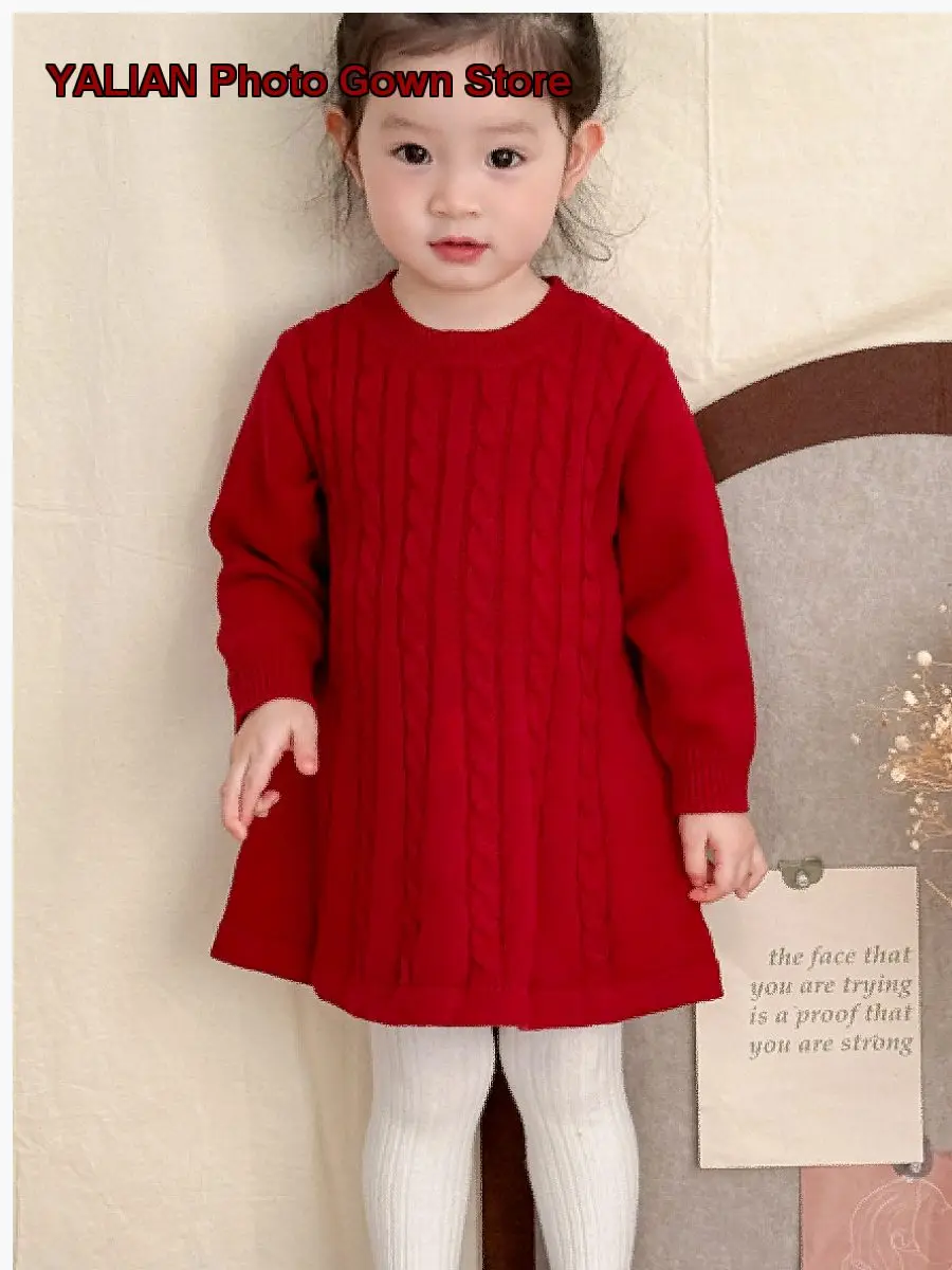 Girls Knit Twisted Pattern Princess Dress Baby Girls Elegant Christmas New Year Red Skirt