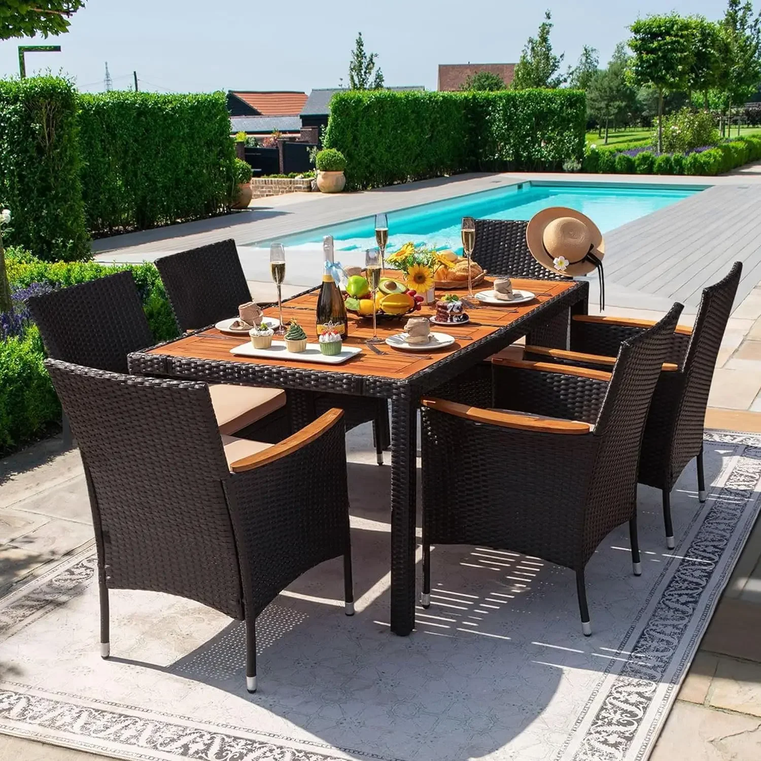 

Dining 5/7/9 PCS Furniture, Patio Conversation Set with Acacia Wood Table Top, Rattan Outdoor, Black