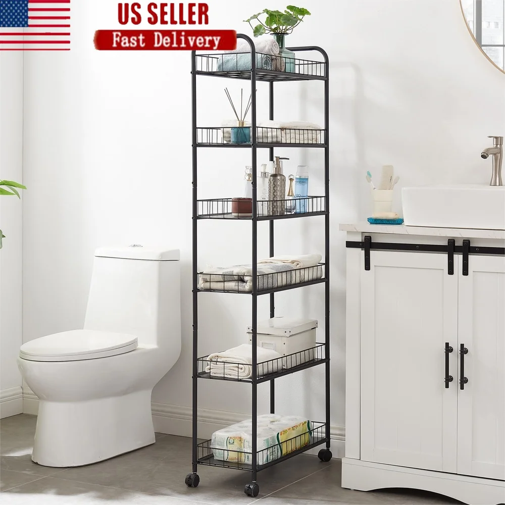 

6 Tier Slim Rolling Cart Mobile Storage Unit with Wheels Ventilated Shelves Easy Glide Casters Kitchen Bathroom Office Laundry