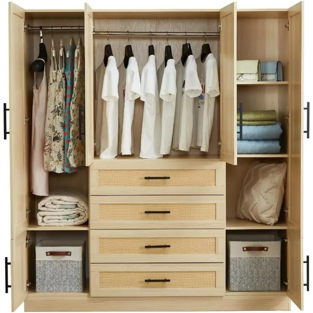 4 Door Wardrobe Closet with Mirror Wardrobe Closet with Clothing Rod Inside Cabinet, 3 Drawers  Armoire Wardrobe Close