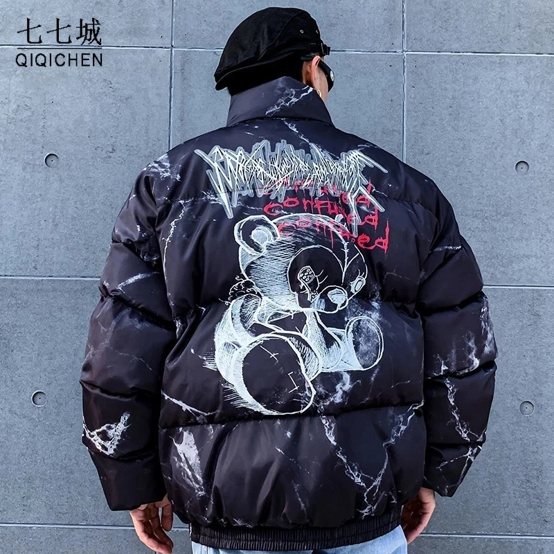 Down Padded Parkas Men Graffiti Bear Print Street Hip Hop Casual Thick Warm College Heating Jacket Coat Winter Windbreaker Women