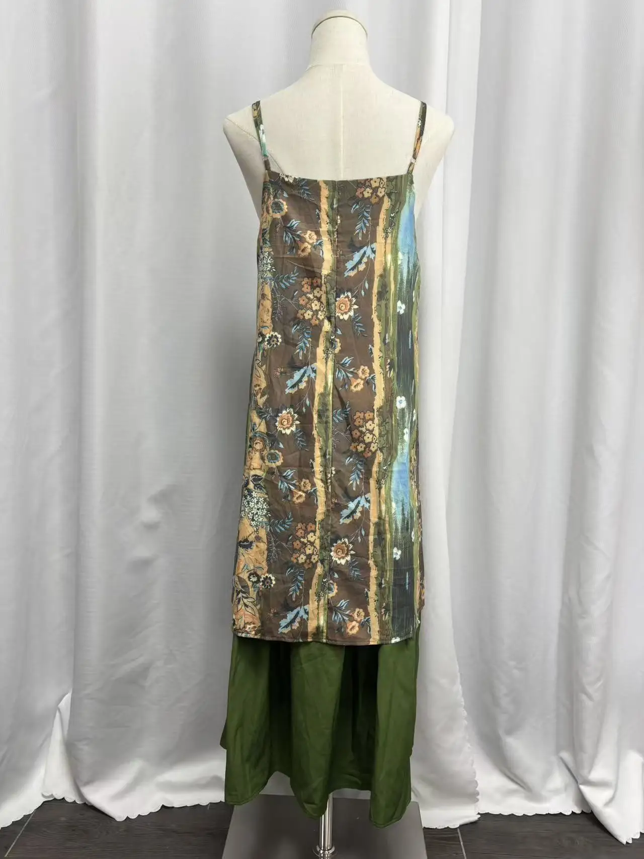 リアルショット レディース オリジナル植物モチーフ油絵プリント ストラップキャミドレス オズの魔法使い風 バケーションビーチドレス 夏向け