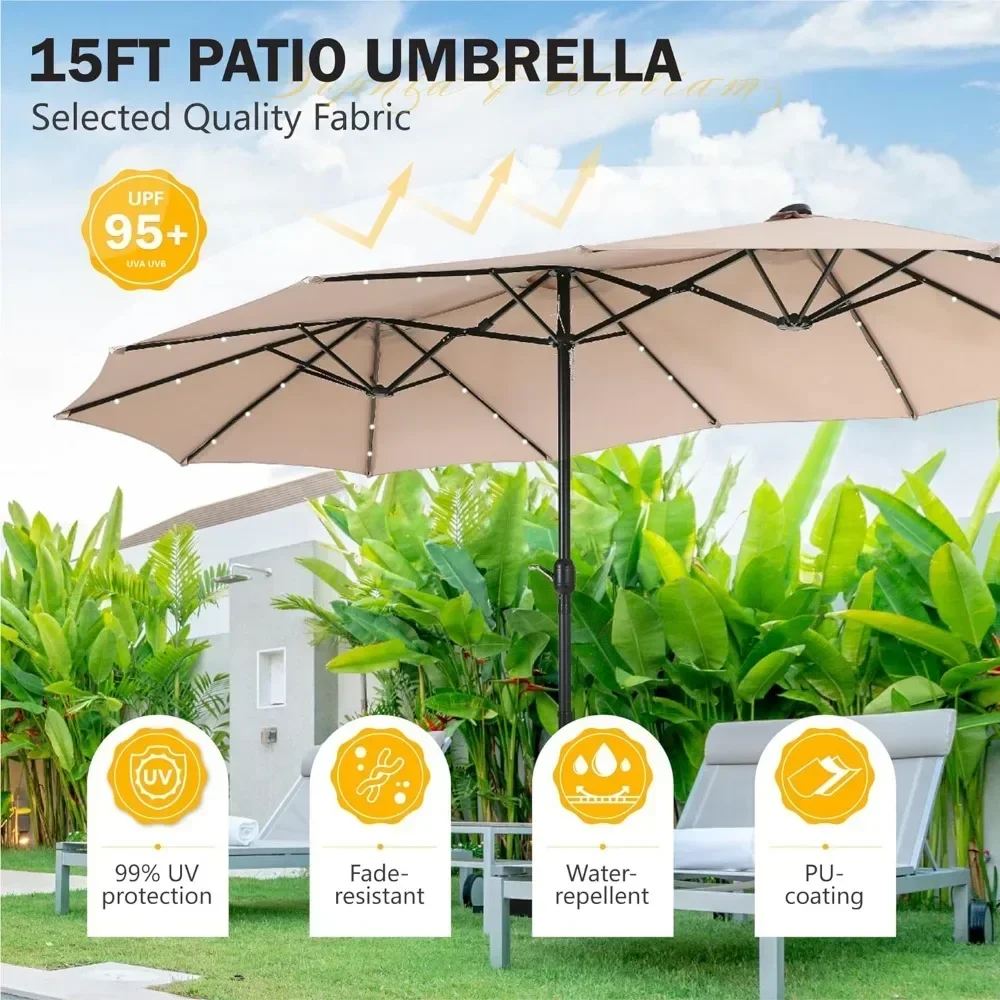 XMSJ-Grand parapluie avec lumières solaires, parapluie d'extérieur rectangulaire avec base incluse, double face rapDuty