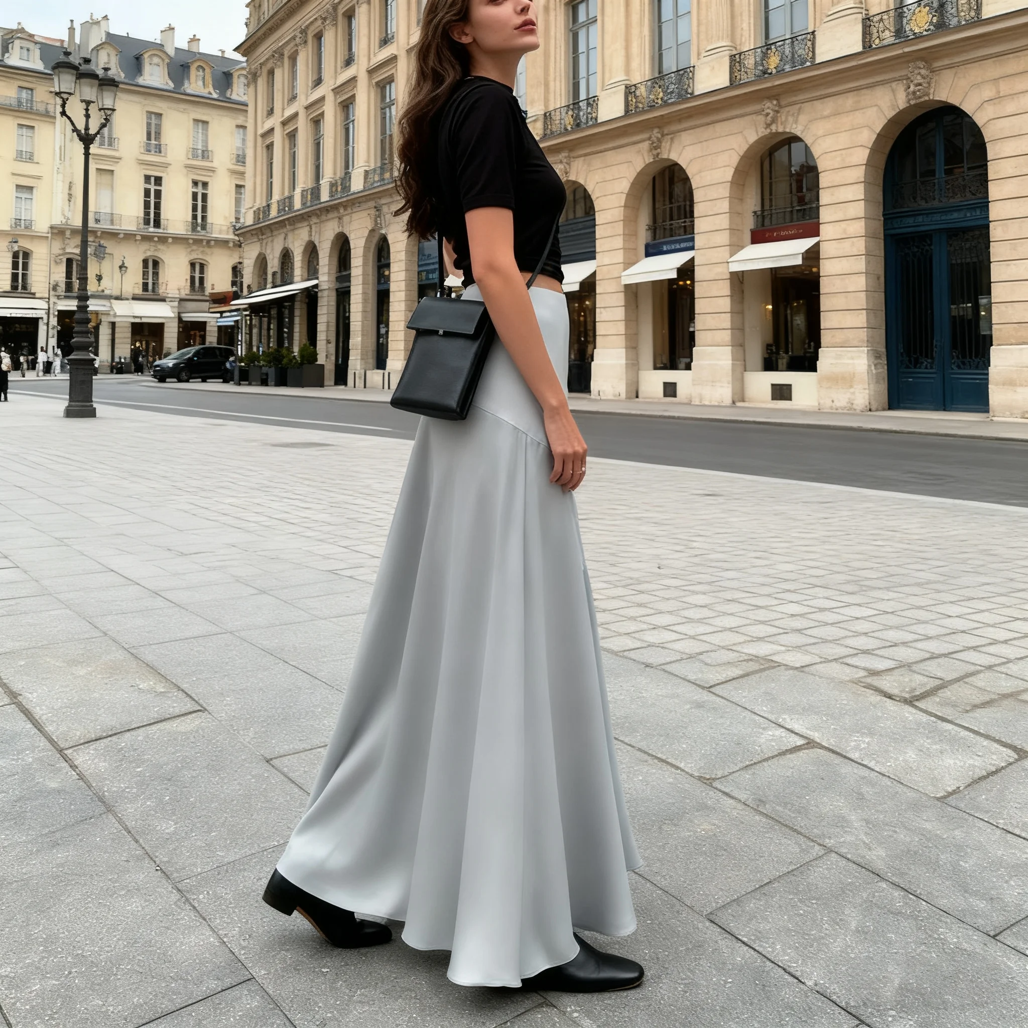 2026 エレガントグレーサテンスカート レディースファッション ミッドウエスト スリット入り 無地スカート カジュアル ルーズ マキシスカート ストリートウェア 女性用スカート