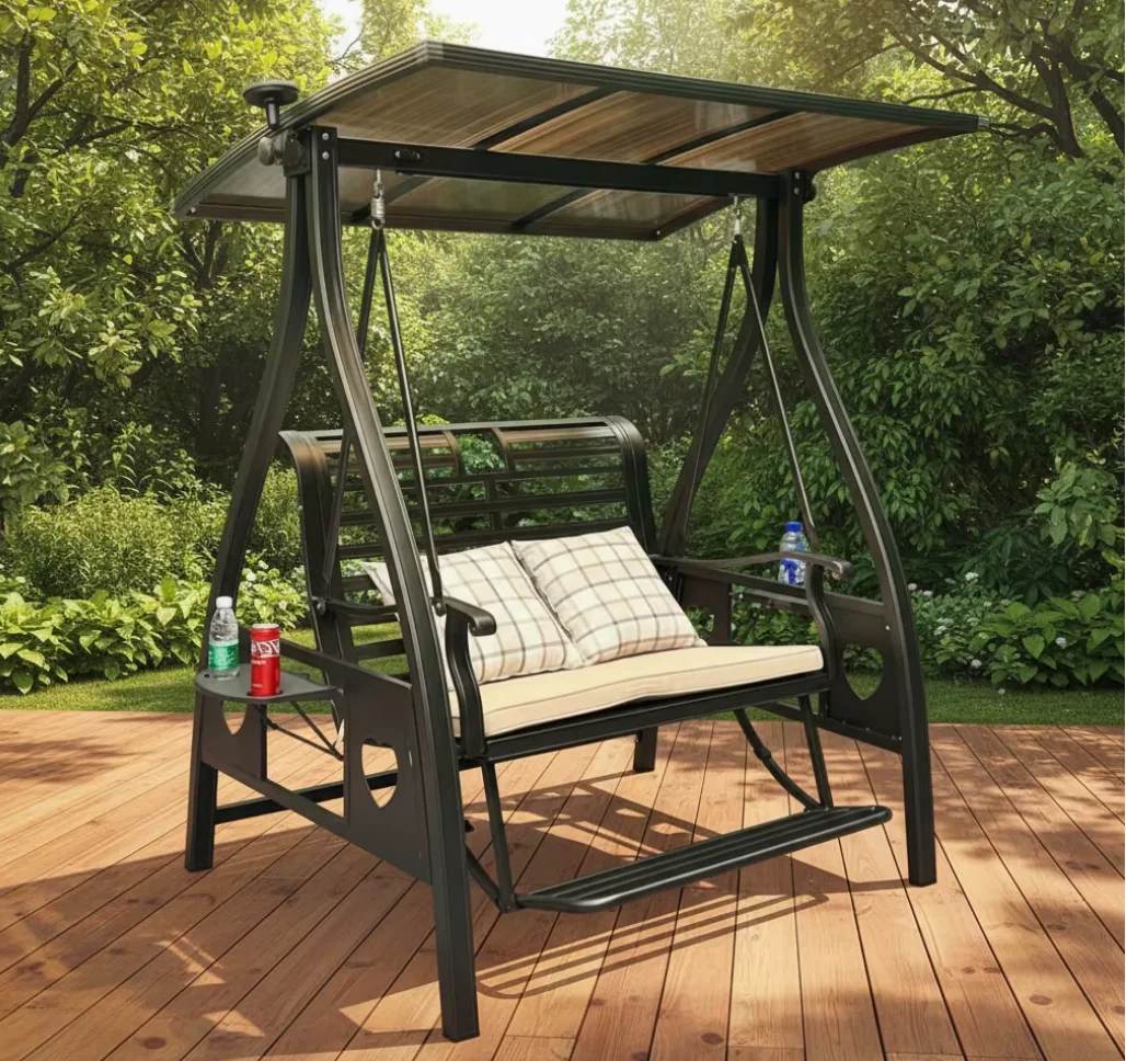 Hot Sale Luxury Modern Solar Powered Outdoor Patio Swing Chair Hardtop Canopy 2 Person Aluminum Glider Waterproof Quick-Dry