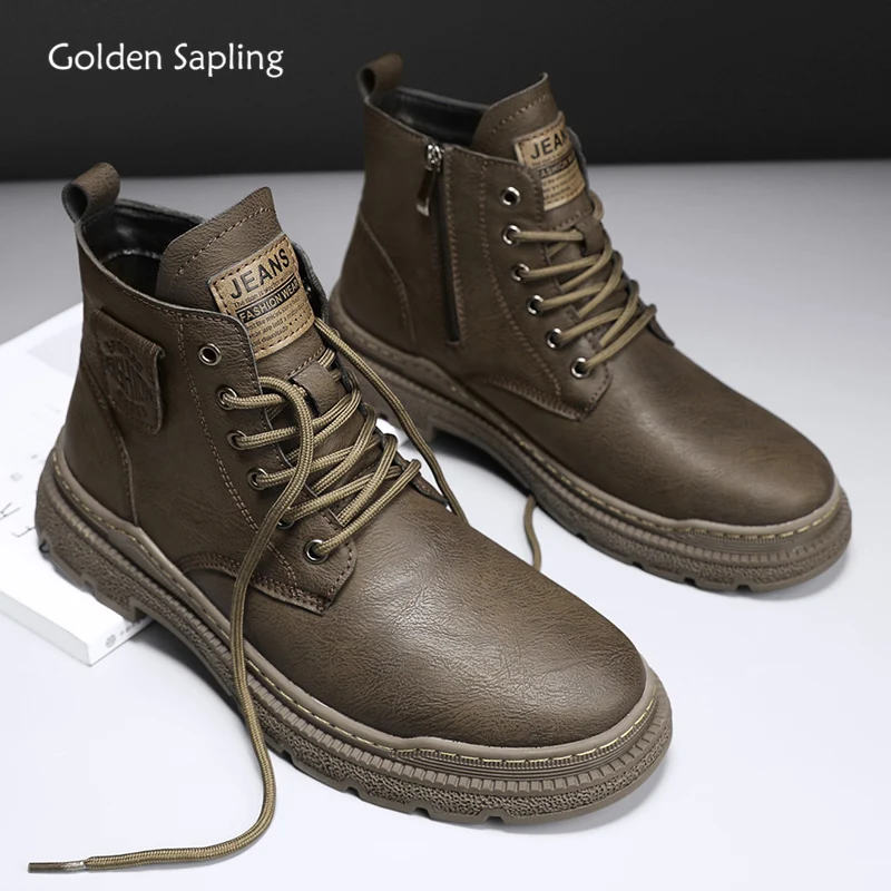 

Golden Sapling Classics Concise Men's Ankle Boots Outdoor Round Toe Men Leisure Short Boot Four Season Microfiber Leather Shoes