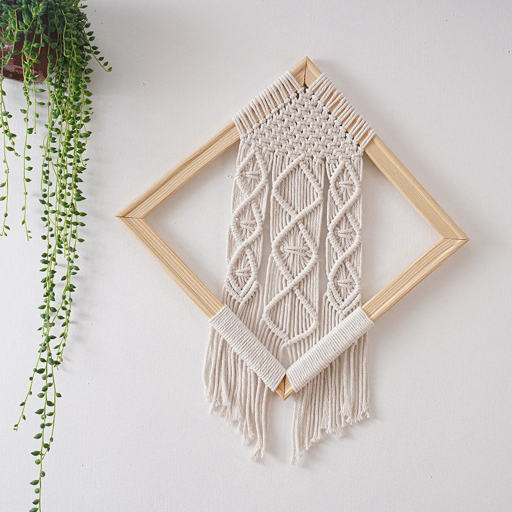 Ins Handmade tapestry, natural wood color, square wall hanging, living room macrame , homestay, hotel room decoration