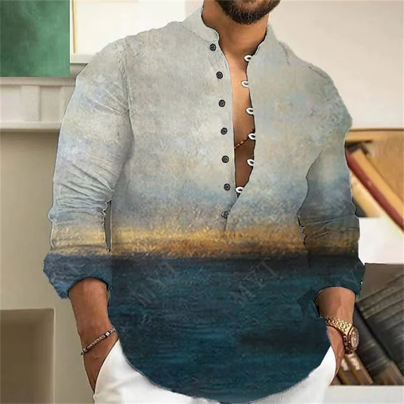 Linen blend autumn hot selling men's long sleeved shirt casual style plus size men's Hawaiian casual shirt