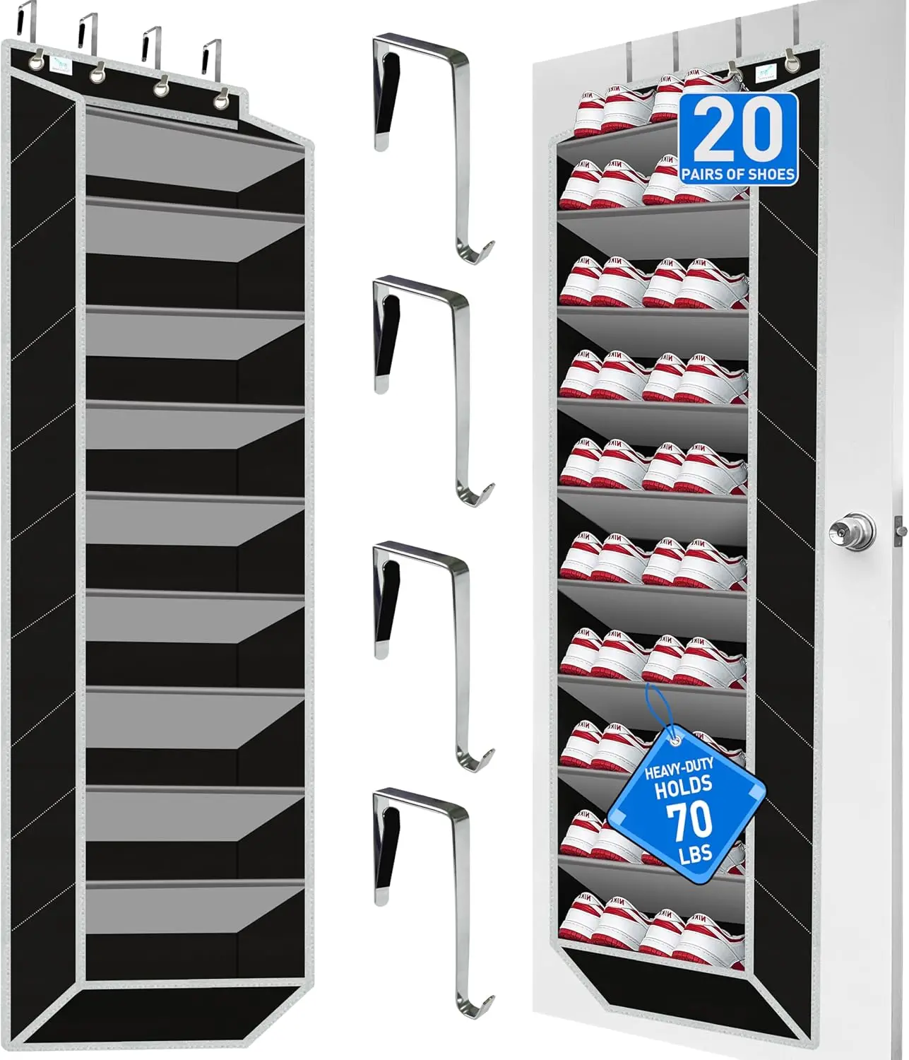 

Heavy-Duty, Over The Door Shoe Organizer, Extra Large 10 Tiers, Over Door Shoe Organizer, Coated