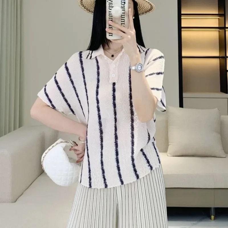 Pleats Pleated POLO Shirt Short Sleeve T-shirt Shirt Women 2024 Summer Striped Top Loose Thin Stretch Fashion Women Clothing