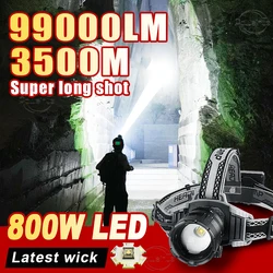 99000 Lumens High Power Headlight Long Range 3500M Headlight USB Rechargeable Hat Light Outdoor Waterproof Fishing Headlight