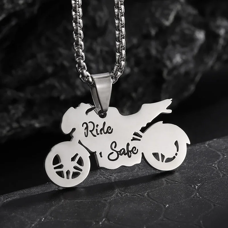 Stainless Steel Glossy Motorcycle Model Pendant Engraved Letters Ride Safe Necklace Men's Fashion Hip Hop Cycling Jewelry