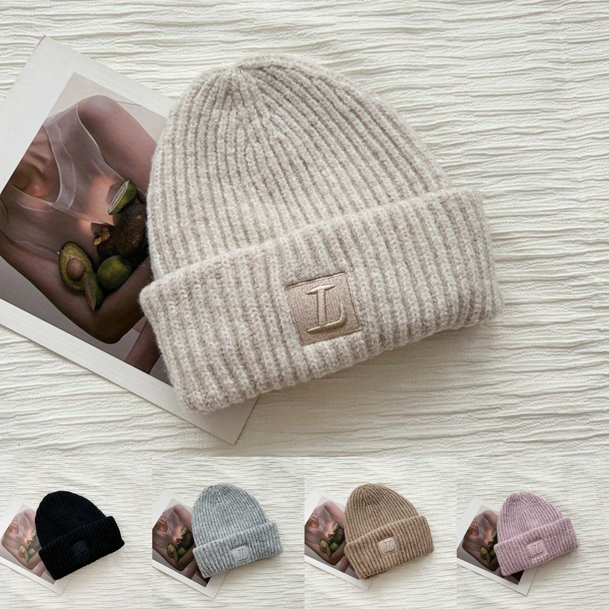 Fashionable Solid Color Pullover Hat L Letter Embroidery Brimless Cap Winter Warm Ear Protection Street Trend Curled Edge Hat