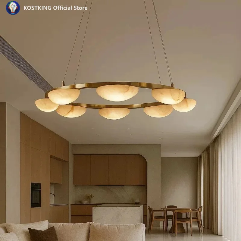 

LED Natural Spanish Marble Chandelier Minimalist Living Room Dining Room Designer Villa Egg-shaped Chandelier Indoor Home Decor