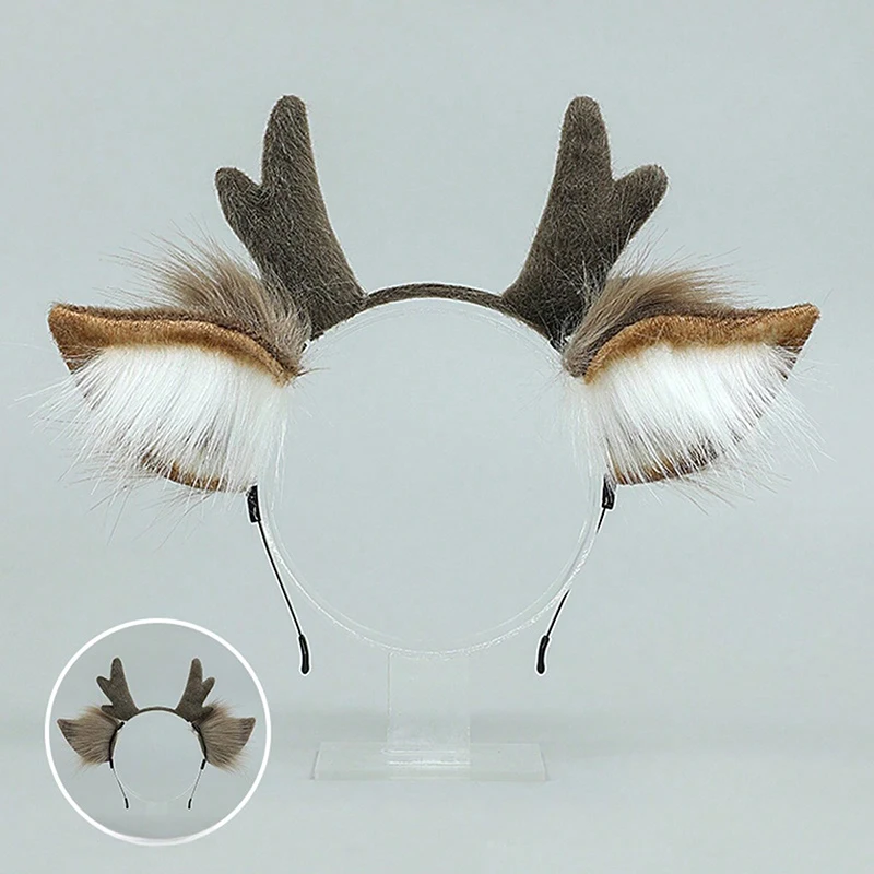 Plush Reindeer Antler Horn Hairband Faux Fur Deer Ear Headband Masquerade Christmas Party Cosplay Props Fluffy Hair Accessories