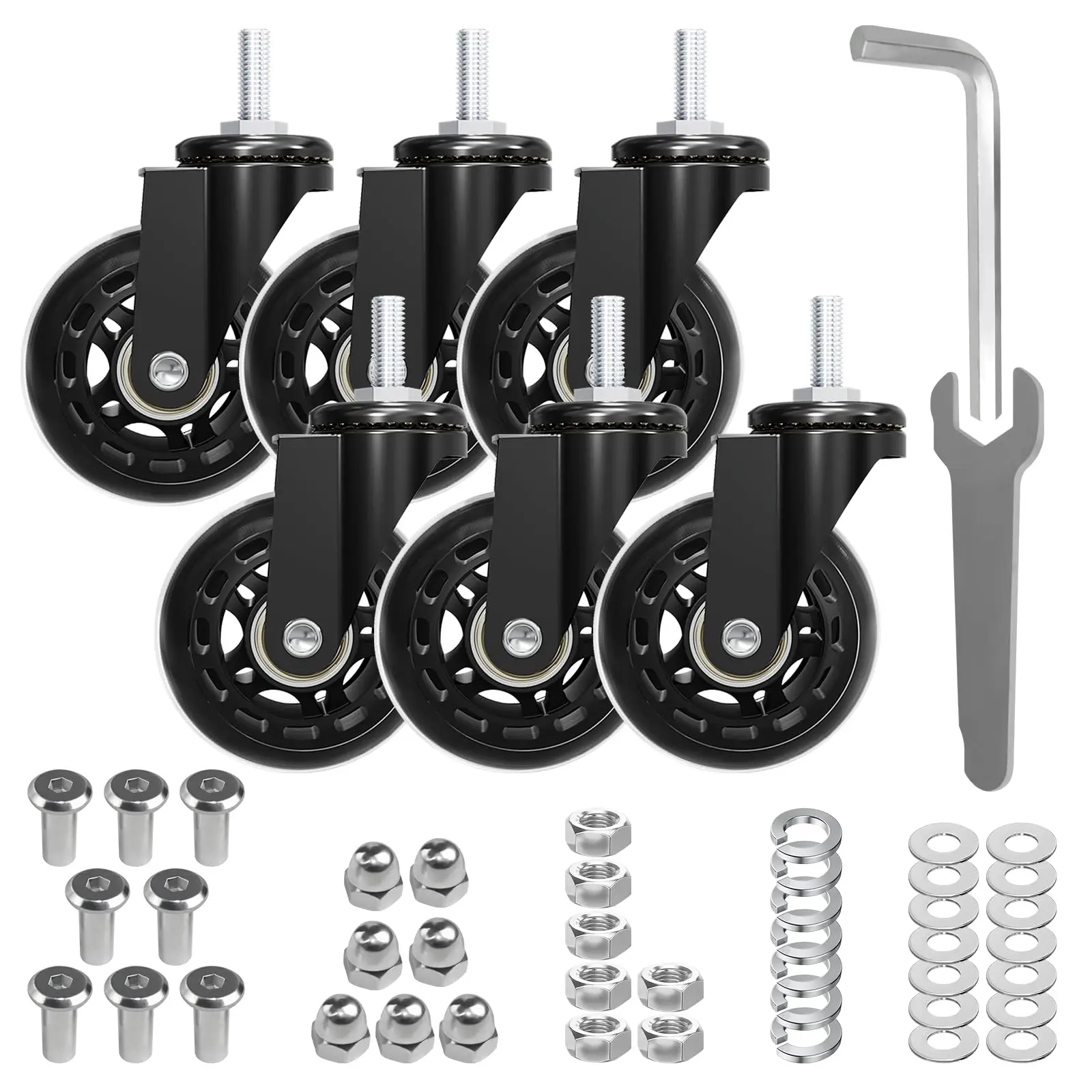 

Six Heavy Duty 2.5 Inch Swivel Caster Wheels With Hardware Kit For Mechanic Stool Garage Seat Rolling Chair