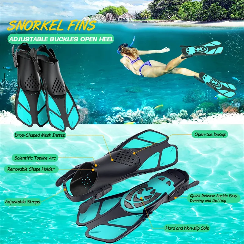 

Snorkel Fins Adjustable Buckles Swimming Flippers Short Silicone Scuba Diving Shoes Open Heel Travel Size Adult Men Womens