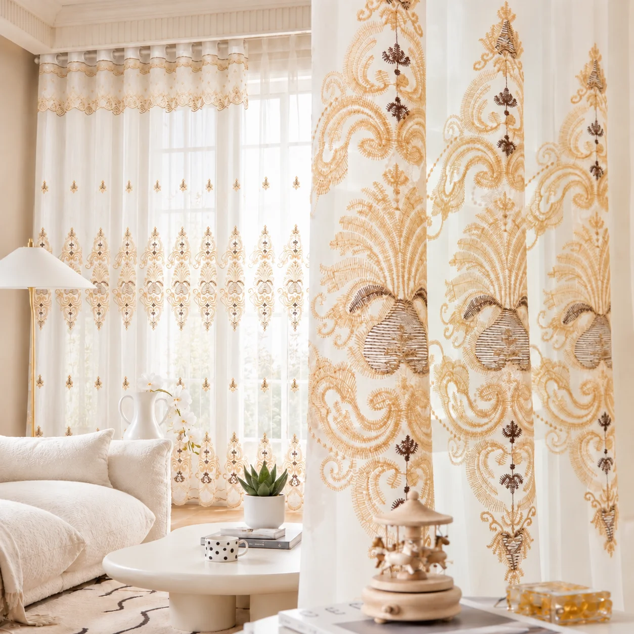 1pc European Embroidered Sheer Curtain Panel, Vintage Golden Floral Embroidery Voile Window Curtain for Bedroom Living Room Home